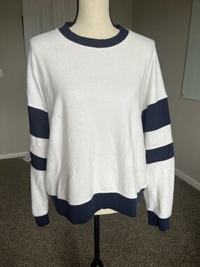 Faherty Beach Fleece Ringer Crew Sweatshirt White Navy Stripe L